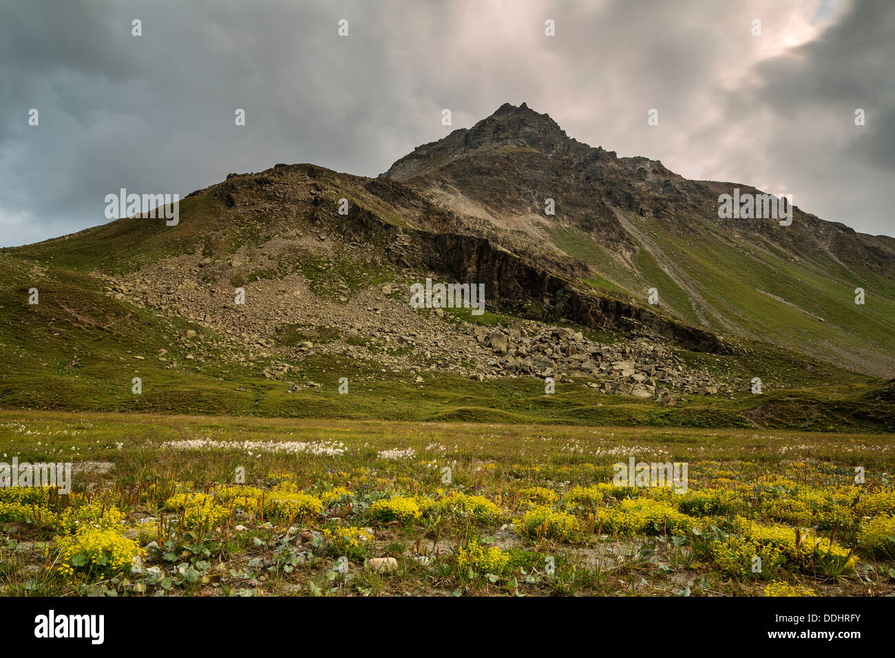 Melma sollevata di Breites Wasser, pioggia nuvole sulla montagna Pfannknecht, 2822m Foto Stock