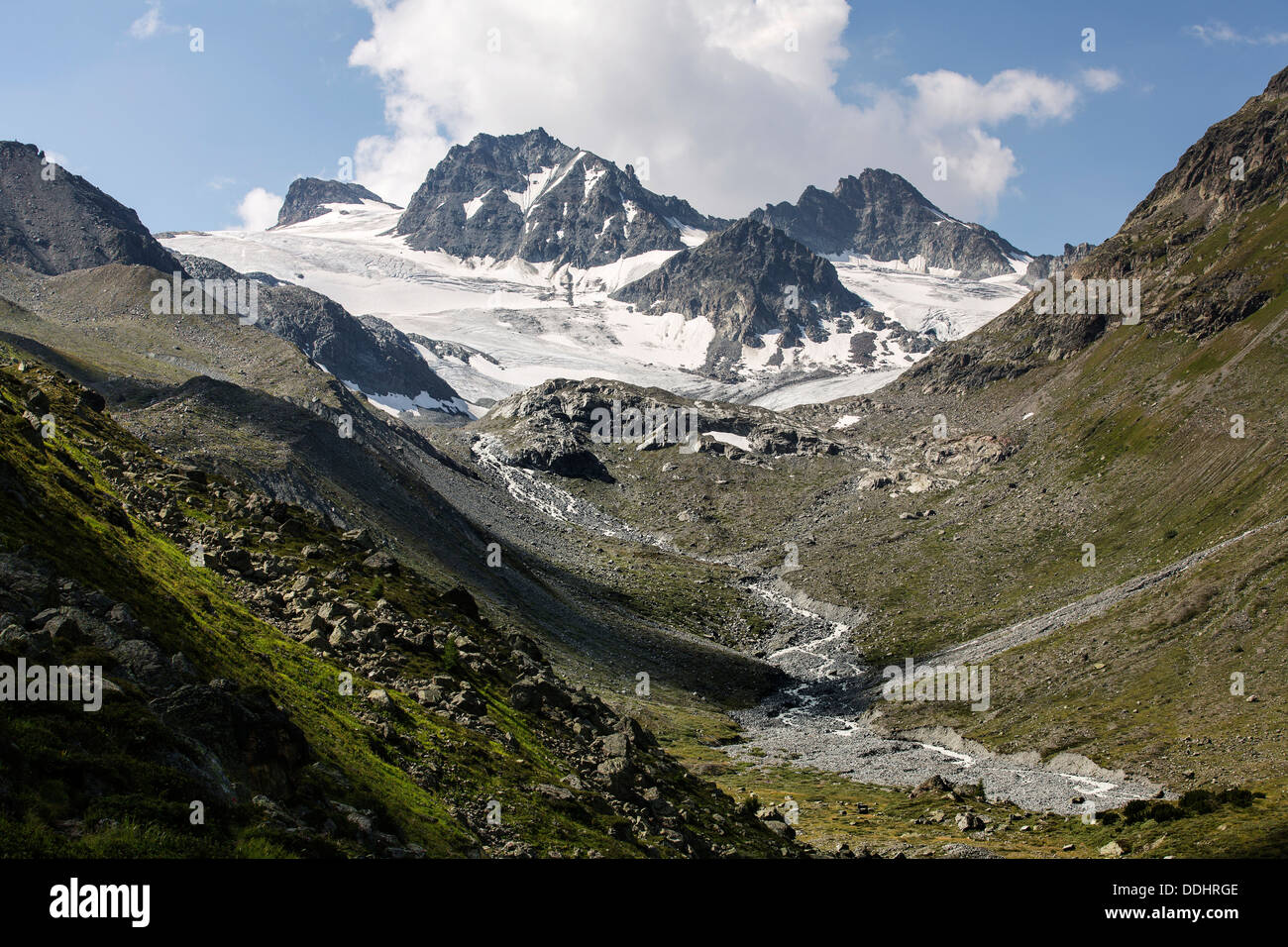 Jambach corrente che fluisce dalla montagna Jamtalferner nella valle Jamtal Foto Stock