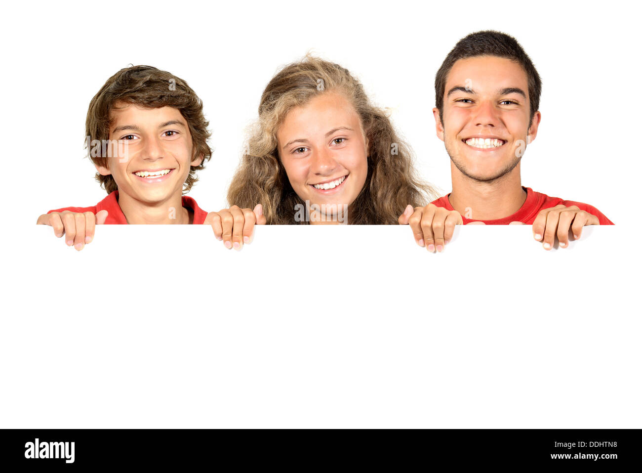 Gruppo di adolescenti con un bordo bianco isolato in bianco Foto Stock