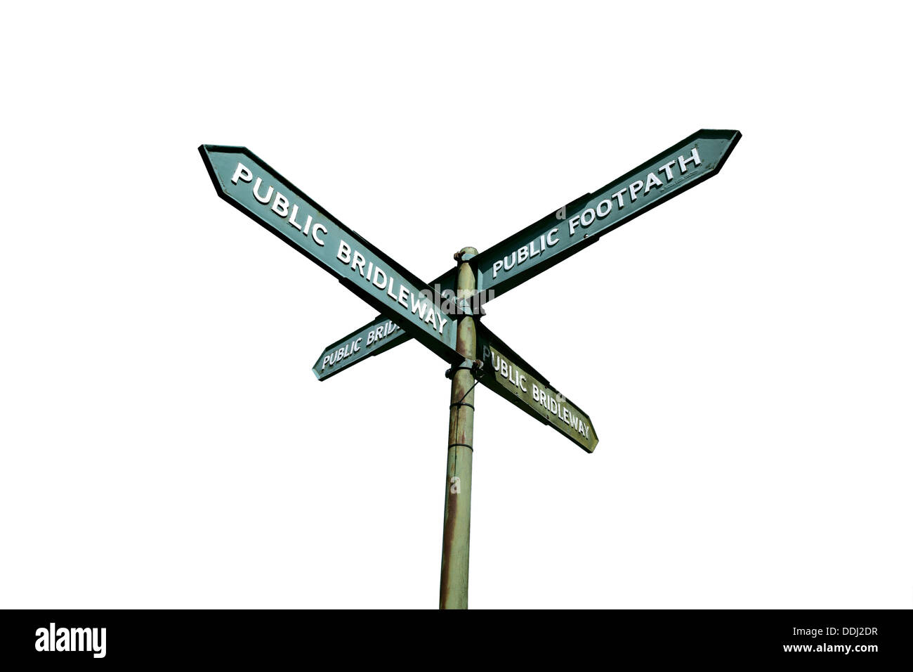Un segno posto in corrispondenza di una giunzione di bridleways e sentieri percorribili a piedi, in campagna vicino a Ditchling, East Sussex. Foto Stock