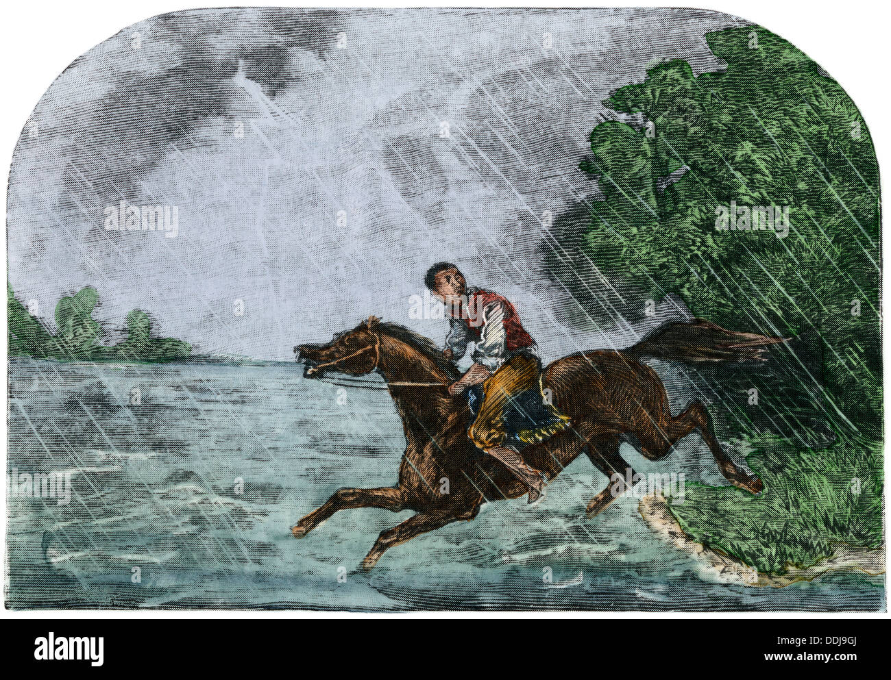 Slave attraversando il fiume Ohio sul suo padrone la cavallo, 1800s. Colorate a mano la xilografia Foto Stock