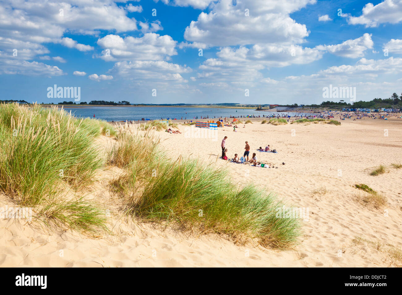 La gente sulla spiaggia e le dune di sabbia a Wells accanto al mare Costa North Norfolk England Regno Unito GB EU Europe Foto Stock