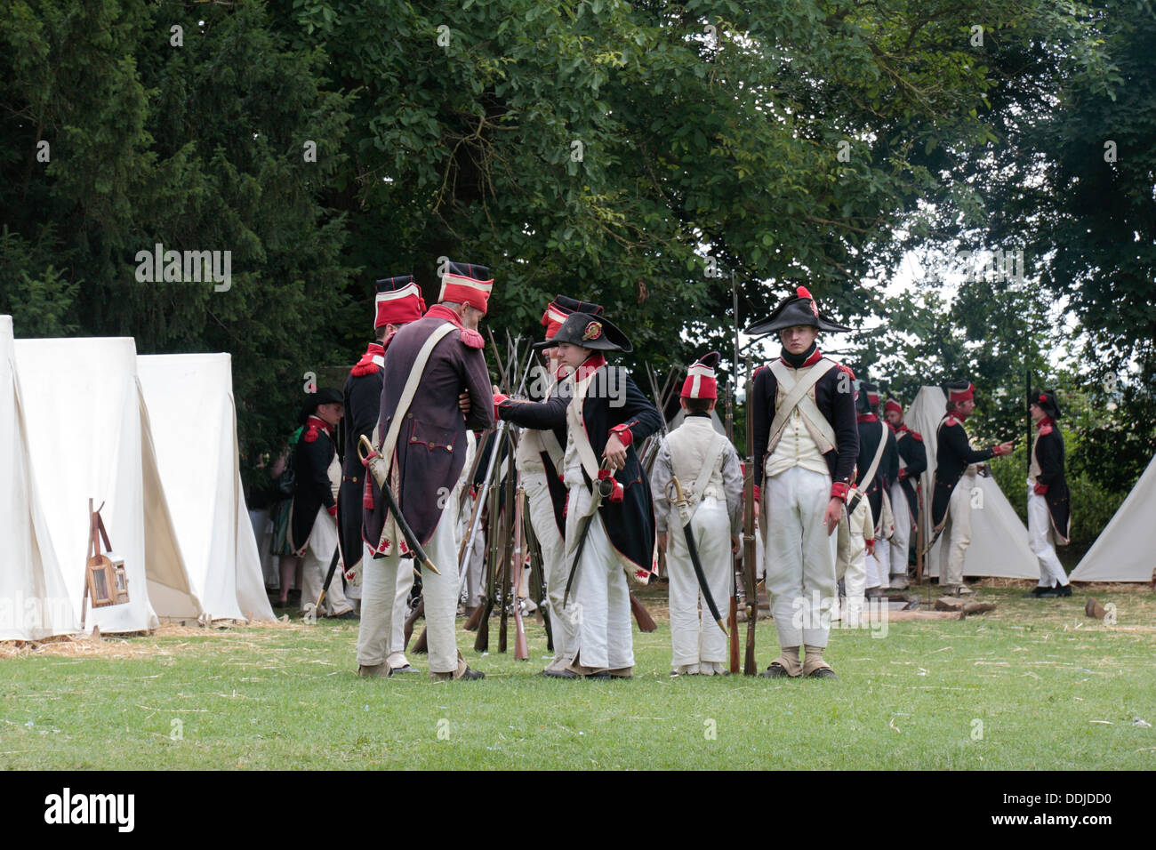 Un francese di rievocazione gruppo Impostare un campo in tenda vicino alla Butte du Lion sul campo di battaglia di Waterloo, Belgio. Foto Stock
