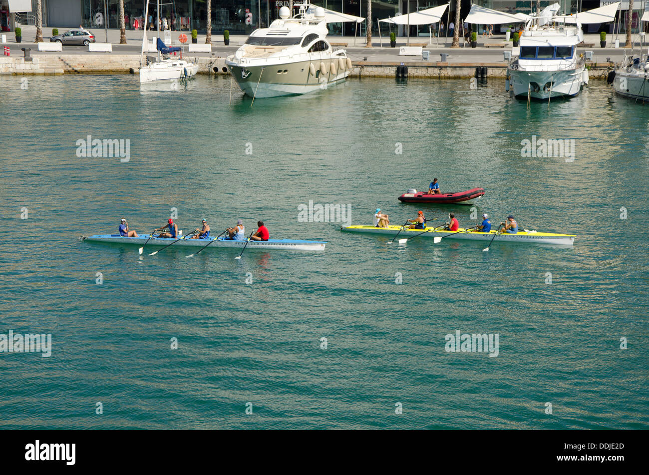 Rematori di sweep in barca a remi nel porto di Malaga Foto Stock