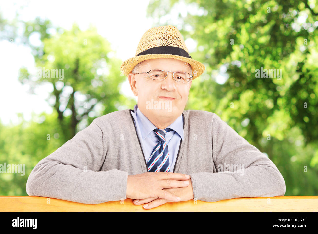 Senior uomo sorridente su una panca in legno che pongono nel parco Foto Stock