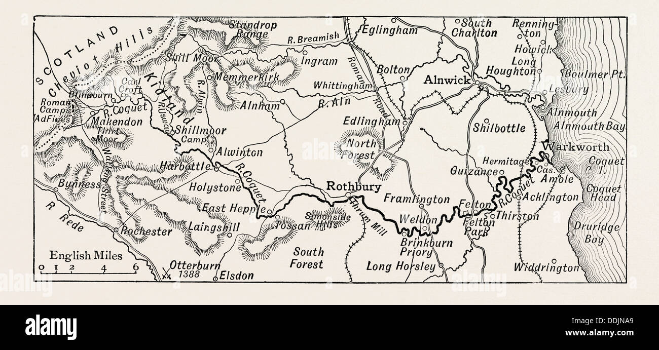 Mappa DEL CORSO DEL COQUET, UK. Il fiume Coquet corre attraverso la contea di Northumberland, Inghilterra Foto Stock