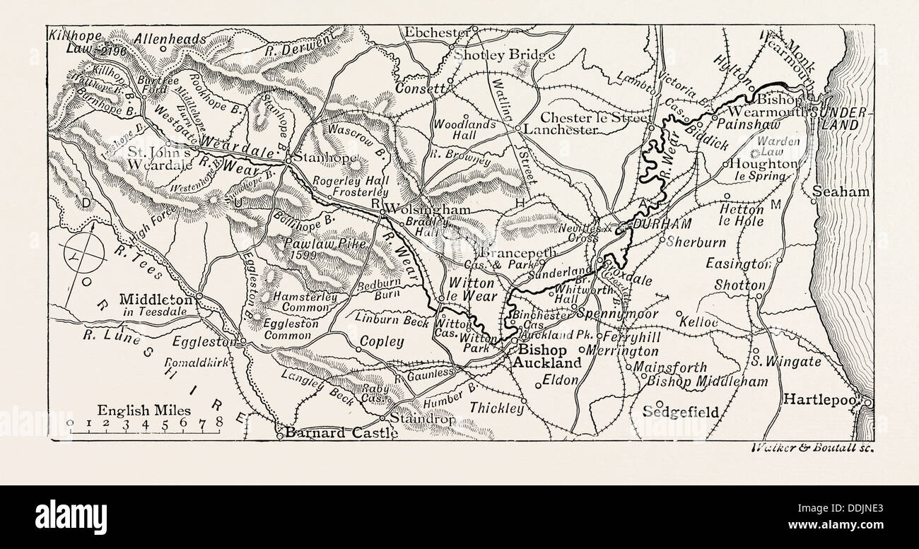 Mappa del corso dell'usura, nel nord-est dell' Inghilterra sorge in Pennines e fluisce verso est, per la maggior parte attraverso la contea di Durham Foto Stock