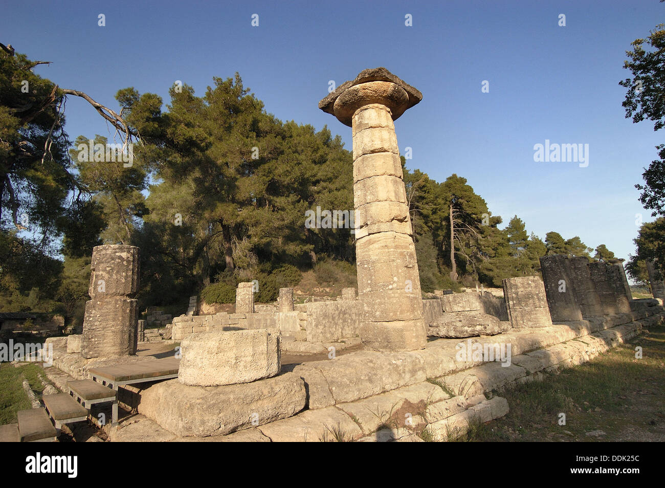 Tempio di Hera, rovine dell antica Olympia. Peloponneso. La Grecia Foto Stock