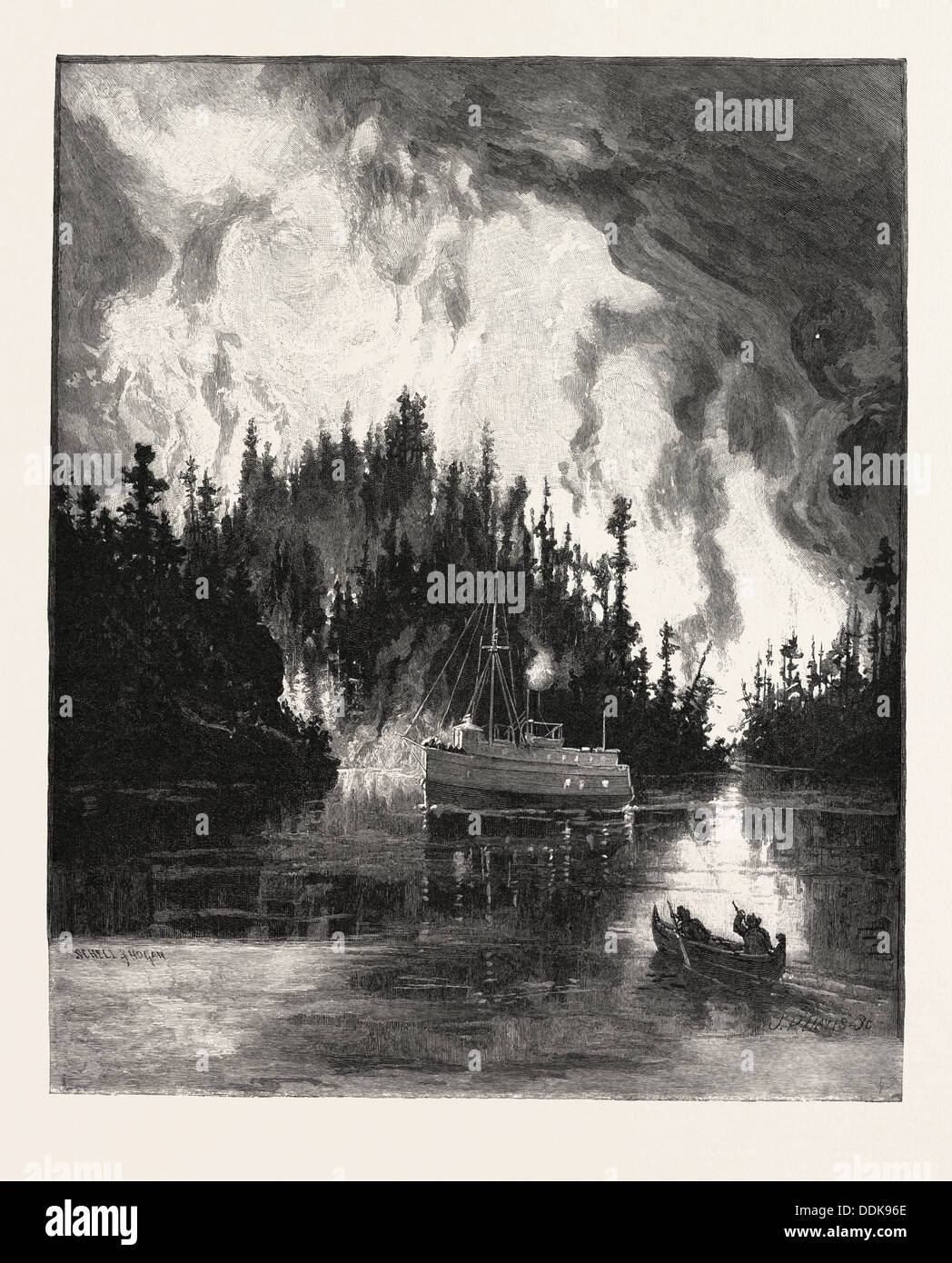 Una boccola di fuoco di notte, CANADA, diciannovesimo secolo incisione Foto Stock