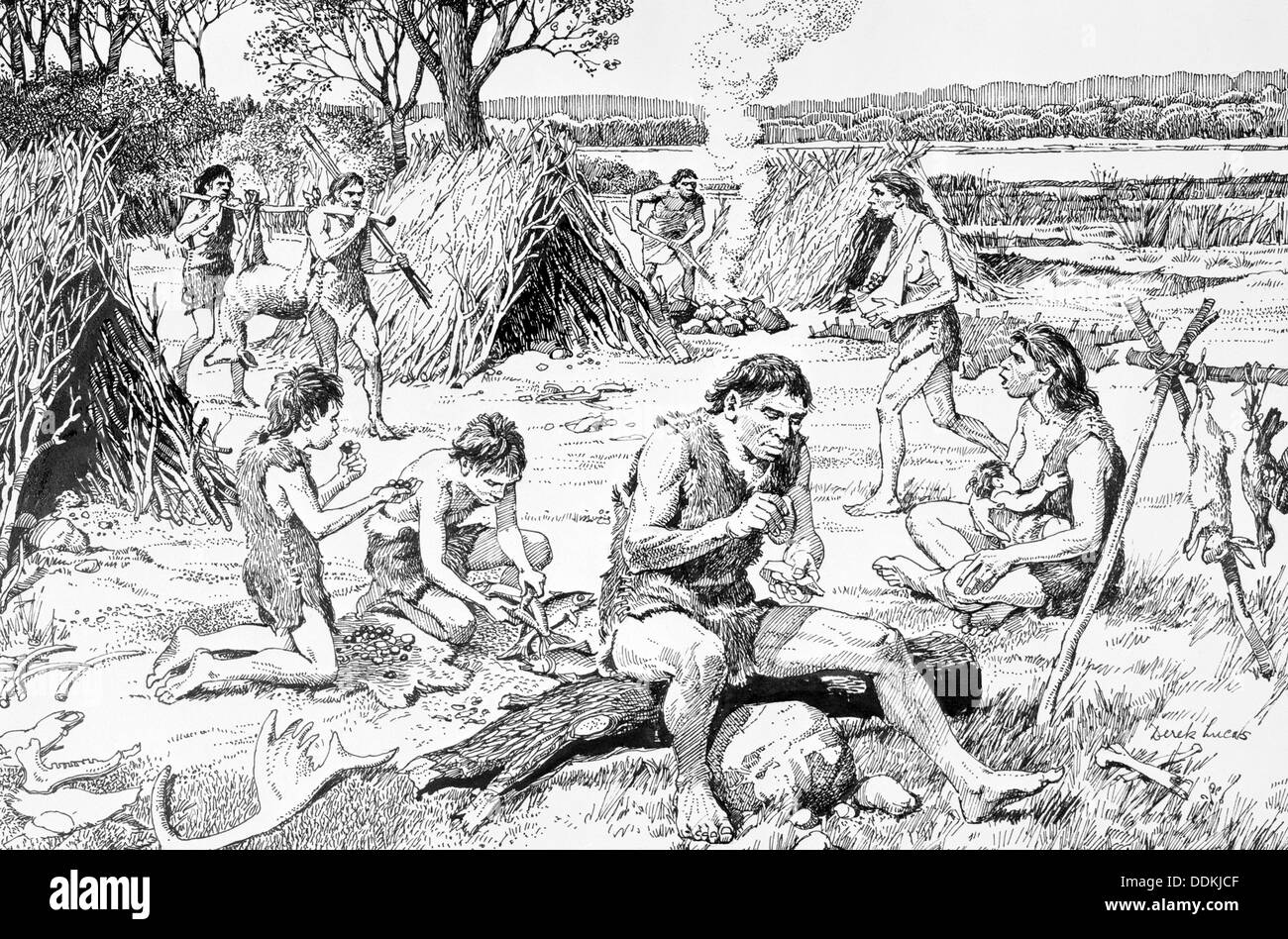 Popoli preistorici in un insediamento, Swanscombe, Kent, c350,000 BC. Artista: Derek Lucas Foto Stock
