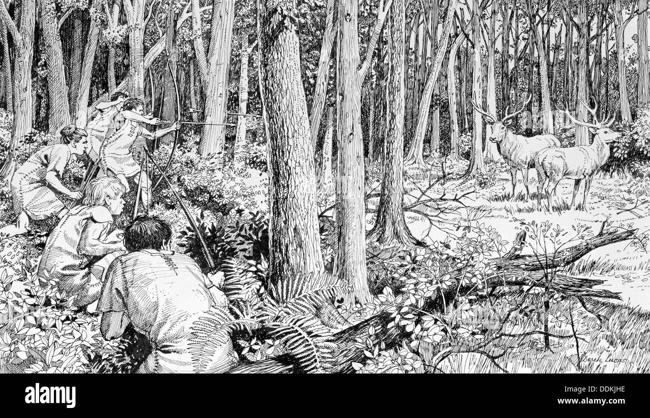 I cacciatori preistorici stalking cervi, Inghilterra meridionale, 6000 BC. Artista: Derek Lucas Foto Stock