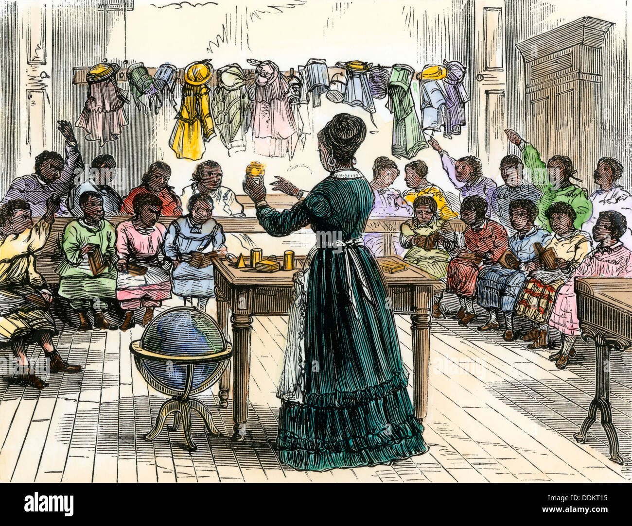 Oggetti di insegnamento ai bambini in un colorato "scuola", New York City, 1870. Colorate a mano la xilografia Foto Stock