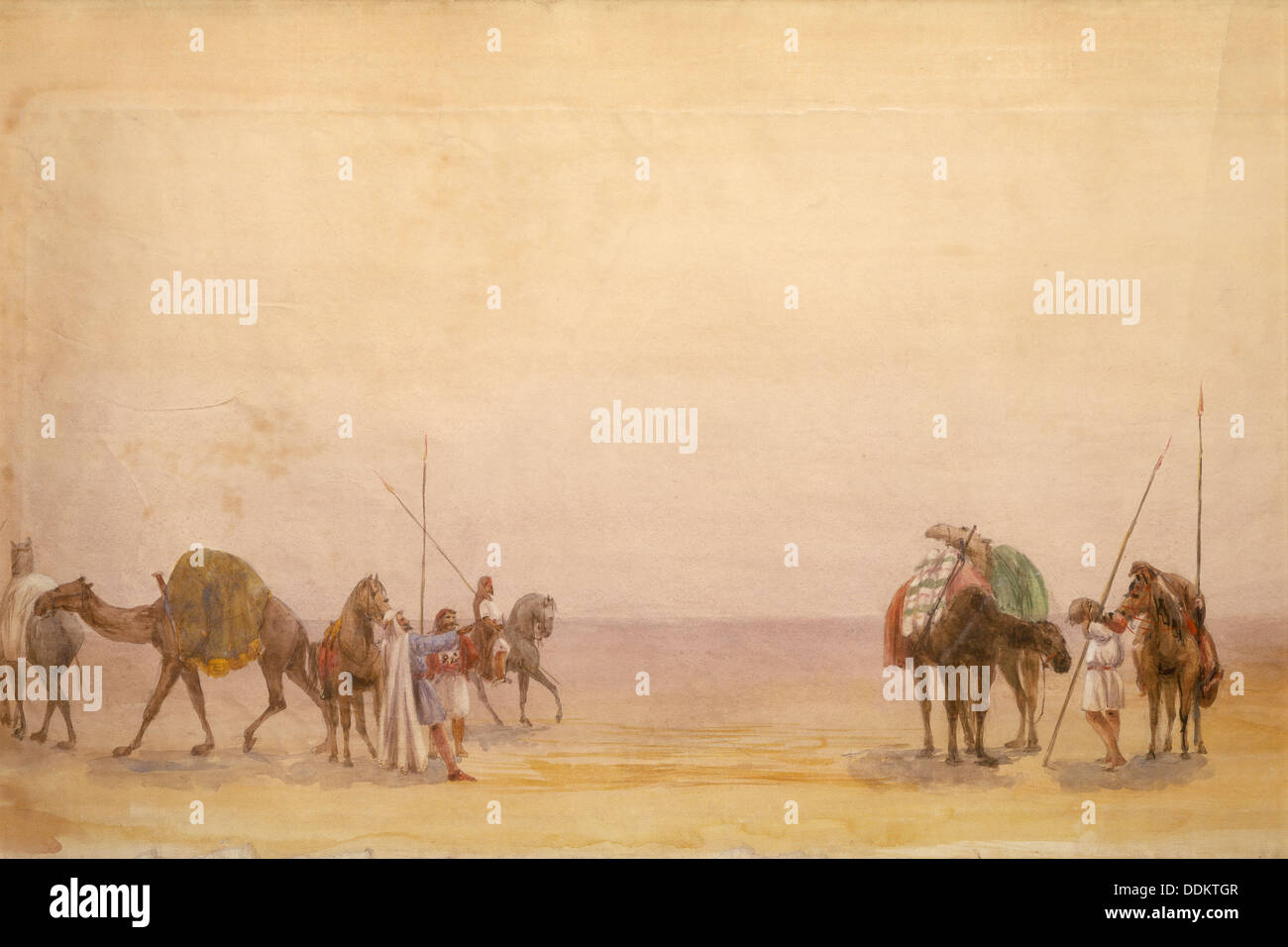 Gli uomini con i cammelli e cavalli; parte di Londra a Hong Kong Panorama. Artista: sconosciuto Foto Stock