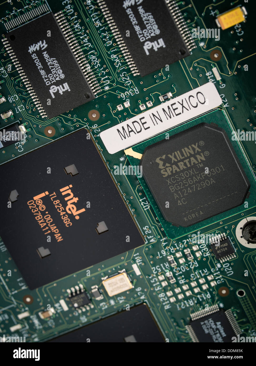 Realizzato in Messico , Intel microchip di memoria flash della scheda di circuito Foto Stock