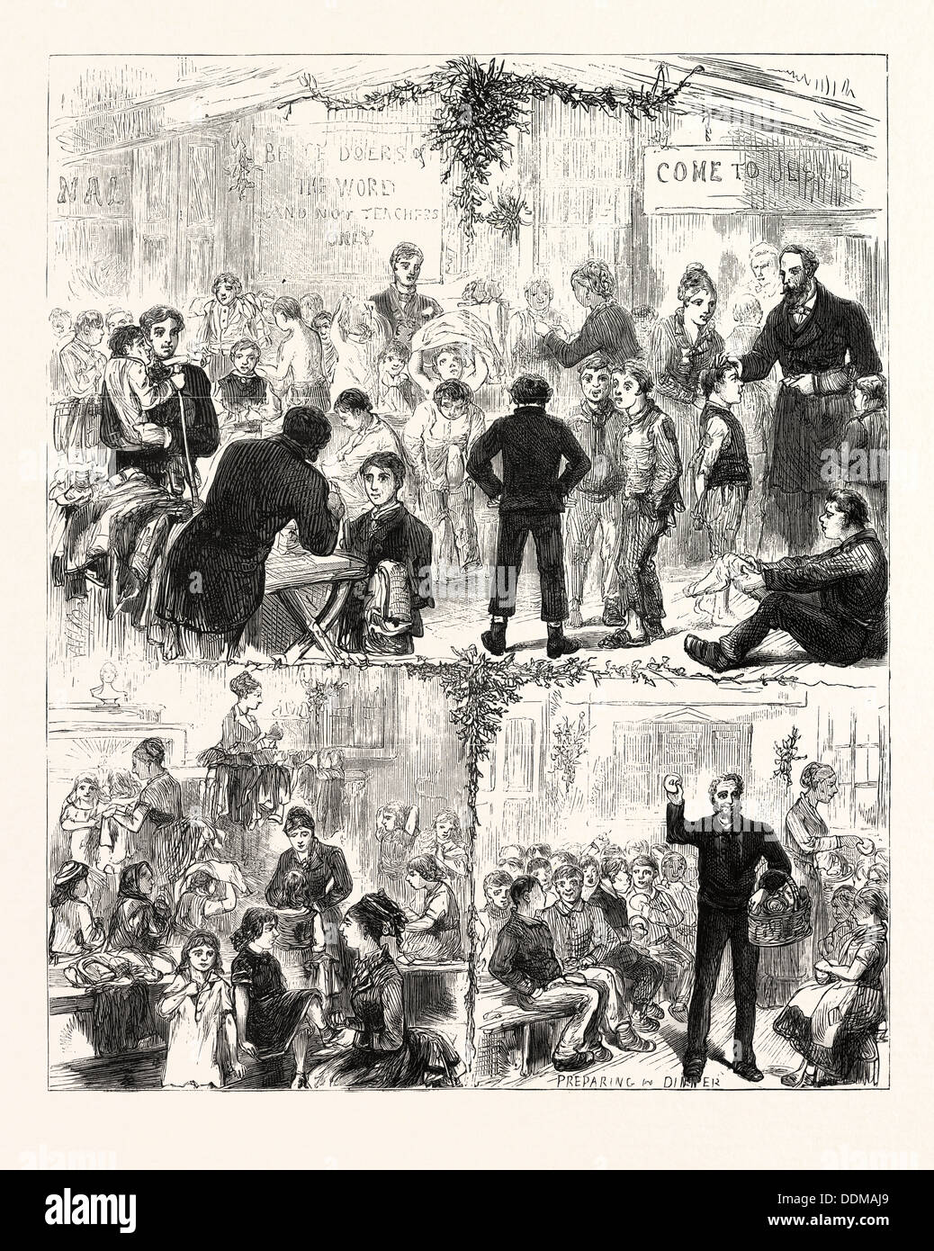 Il giorno di Natale presso il Golden Lane missione: abbigliamento e alimentare il RAGGED BAMBINI, 1876 Foto Stock