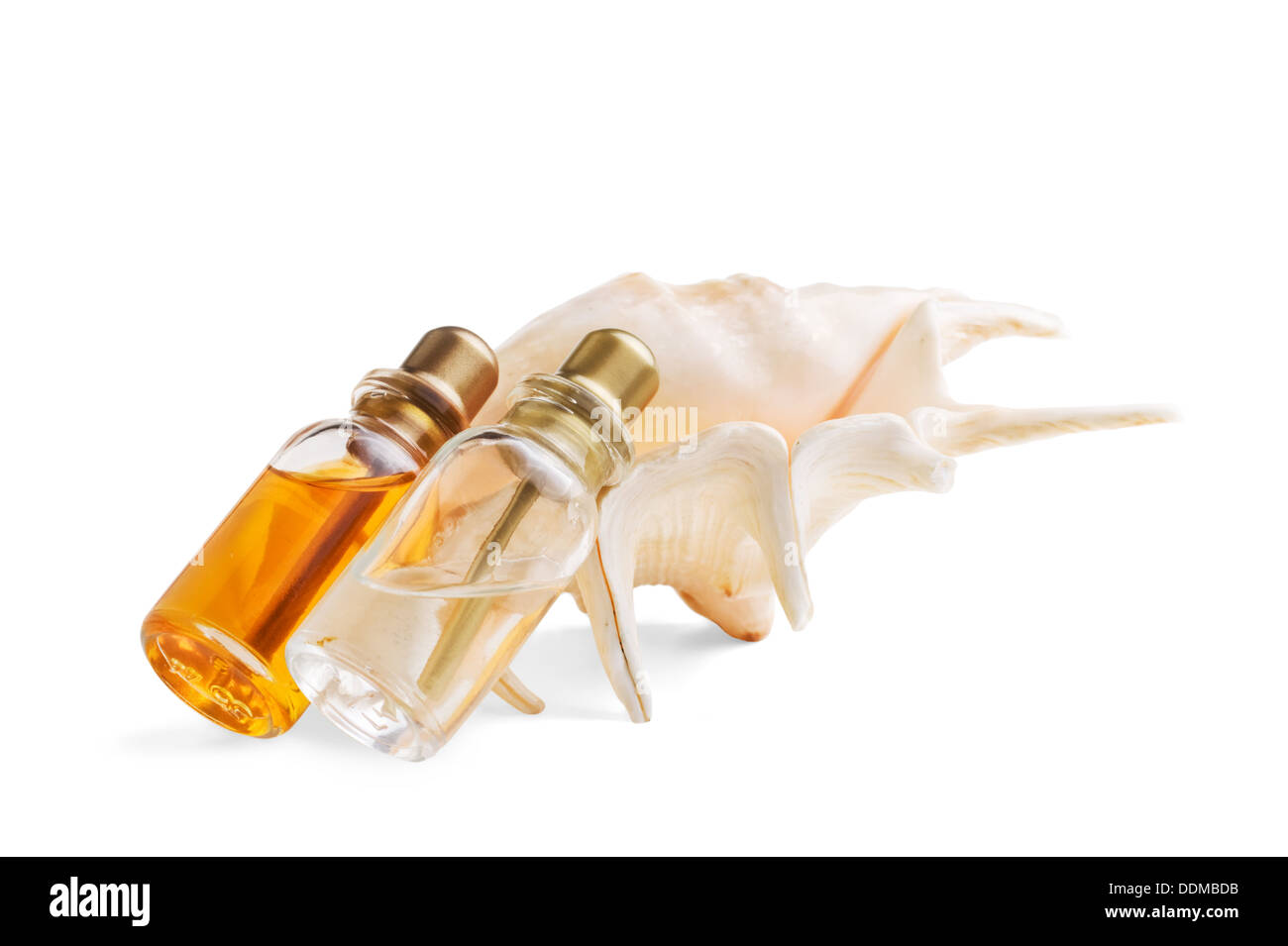 Bottiglia di medicina e conchiglie di mare isolato su bianco Foto Stock