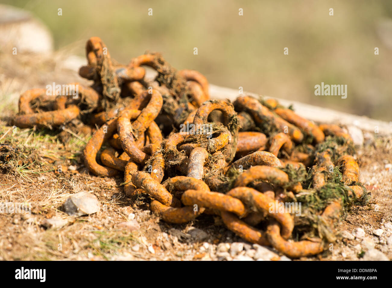 Catene arrugginito abbandonato sulla banchina Foto Stock