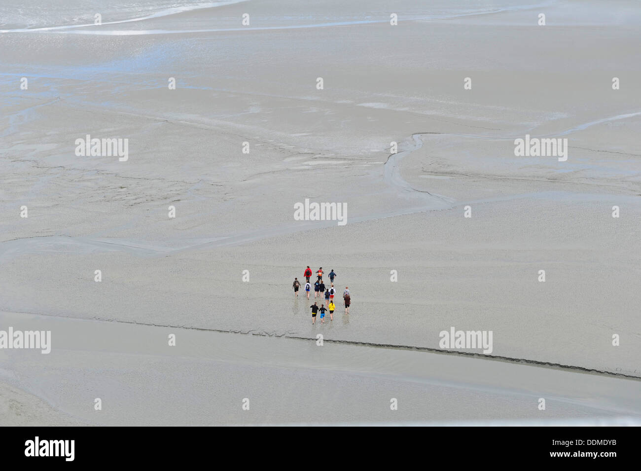 Piccolo gruppo di persone in un tour guidato del fango appartamenti al Mont Saint Michel, con la bassa marea. Foto Stock