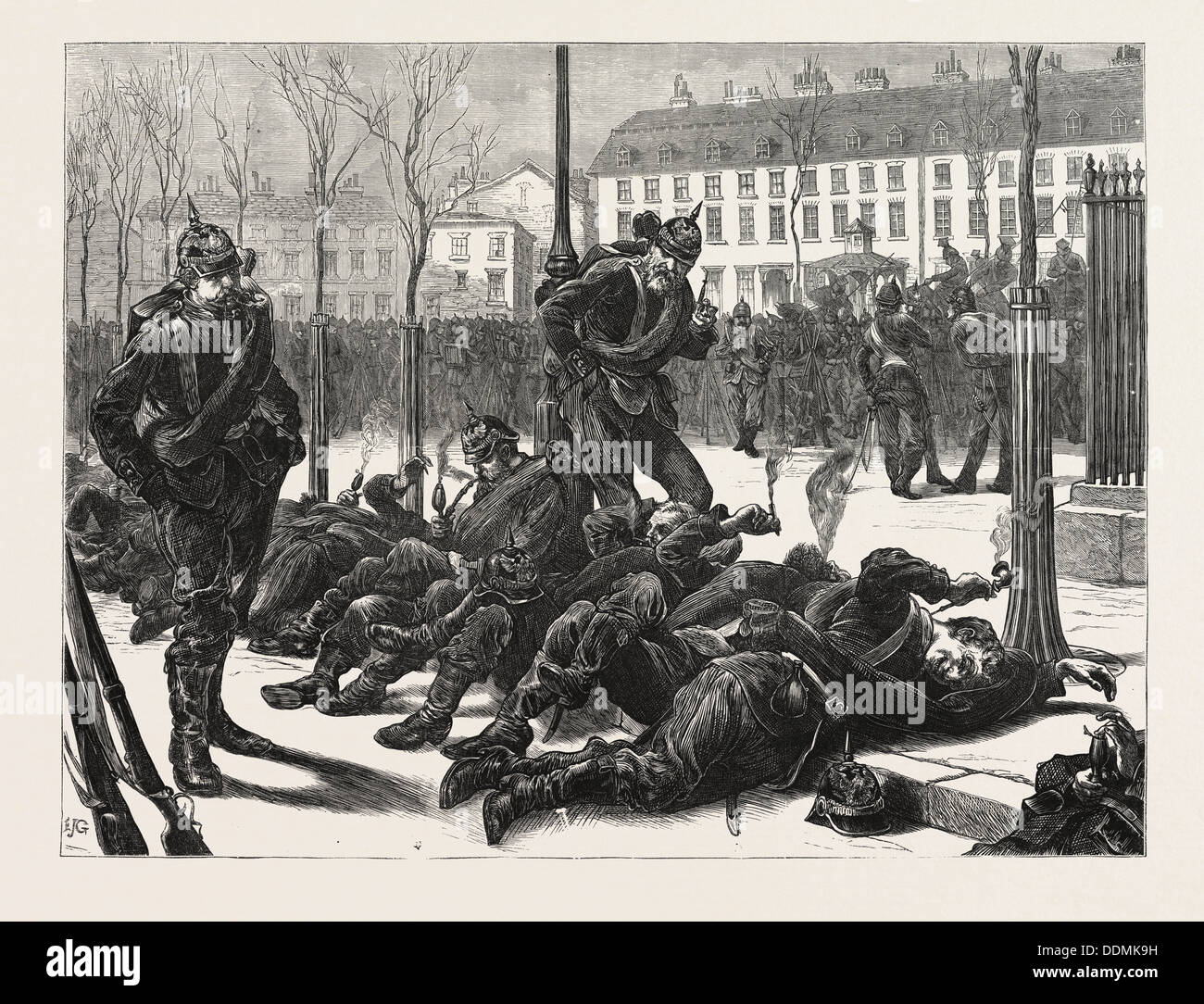 Il franco-prussiana di guerra: I TEDESCHI A PARIGI, IN ATTESA DI UN PASSAGGIO, Francia, 1871 Foto Stock