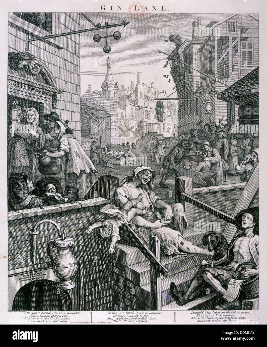 "Gin Lane', 1751. Artista: William Hogarth Foto Stock