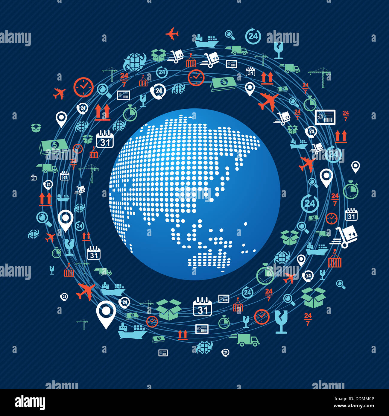 Concetto di spedizione rete icone cerchio intorno al pianeta Terra con focus in Asia. File vettoriale in strati per operazioni di editing semplici. Foto Stock