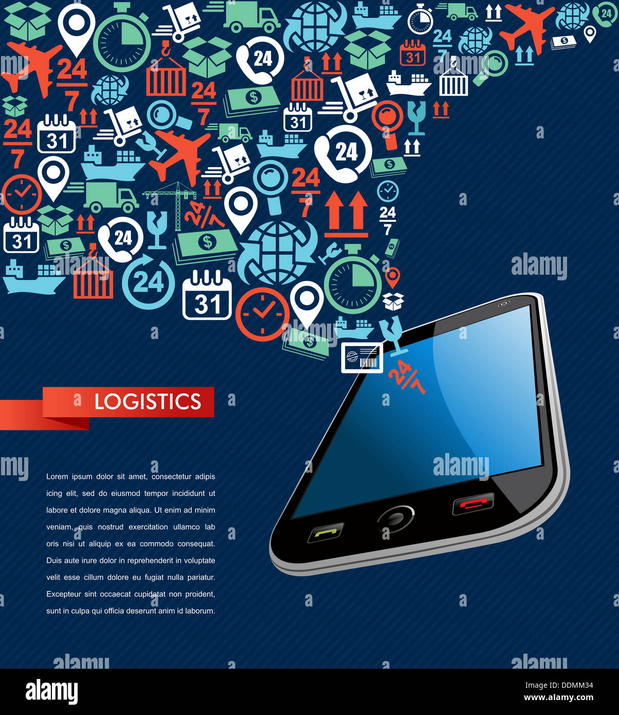 La logistica di spedizione smart phone applicazione Concetto di set di icone splash illustrazione. File vettoriale in strati per operazioni di editing semplici. Foto Stock