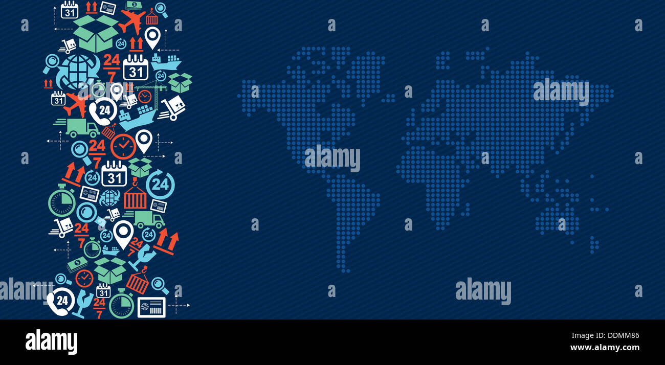 La logistica di spedizione concetto icone splash con mappa del mondo illustrazione. File vettoriale in strati per operazioni di editing semplici. Foto Stock