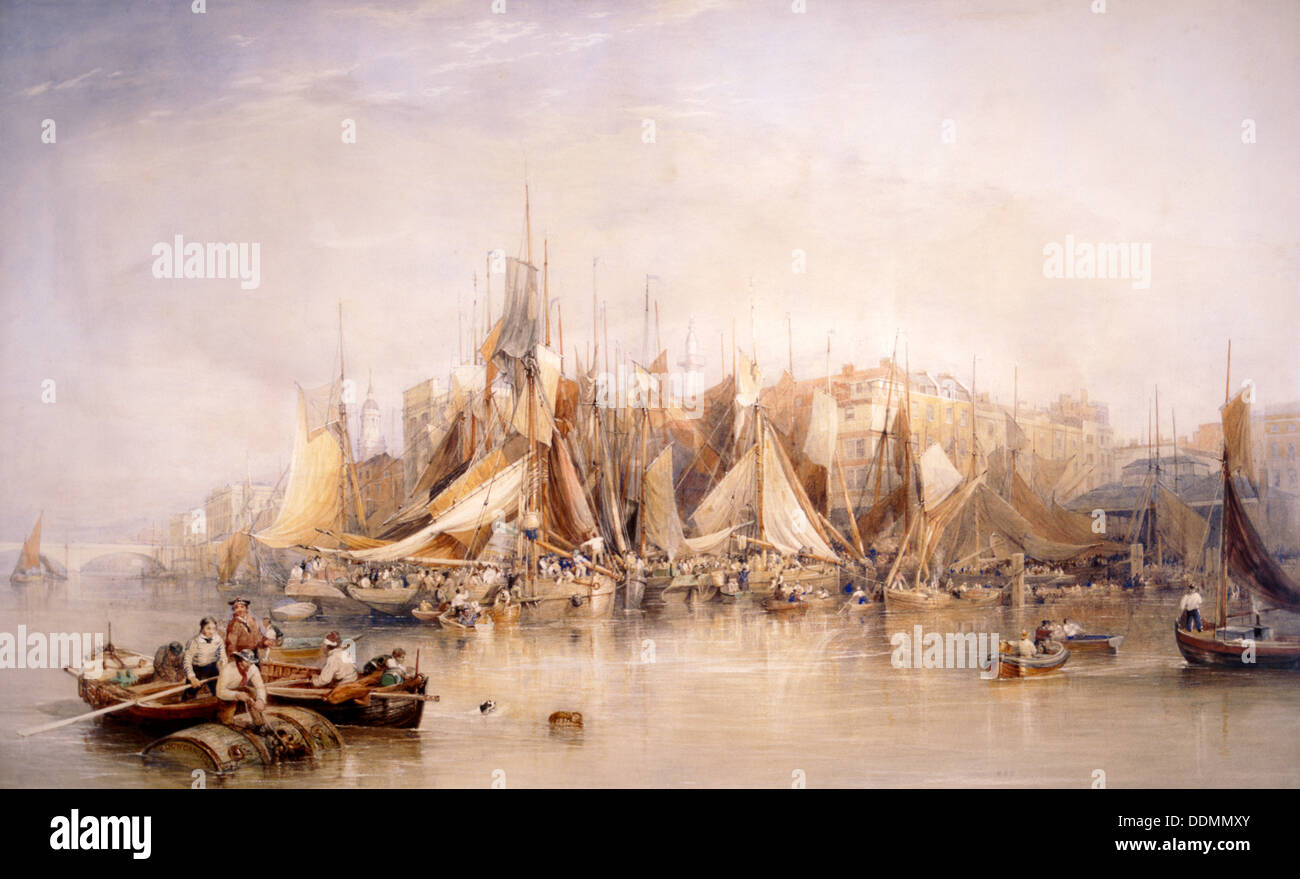 "Billingsgate, primo giorno di ostriche, la mattina presto", 1843. Artista: Edward Duncan Foto Stock