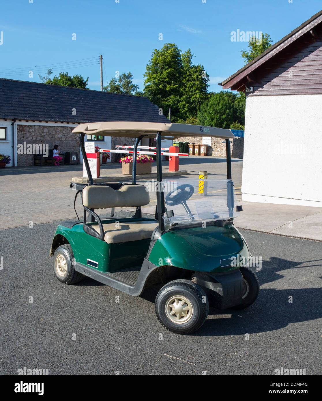Green golf carrello parcheggiato su una giornata d'estate Foto Stock
