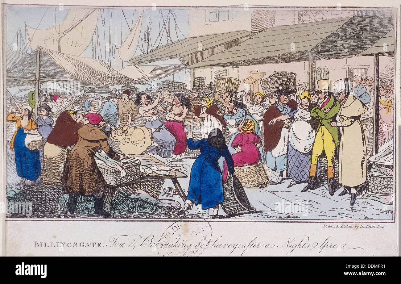 "Billingsgate: Tom e Bob a partecipare a un sondaggio dopo una notte di spree', Londra, 1820. Artista: Henry Thomas Alken Foto Stock