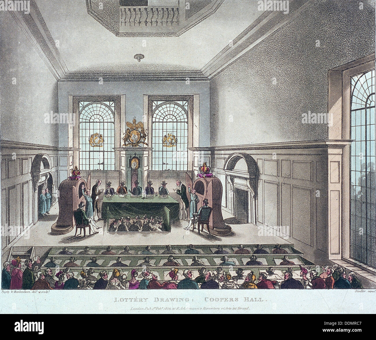 Disegno dello Stato Lottery, Coopers' Hall di Londra, 1809. Artista: Giuseppe Costantino Stadler Foto Stock