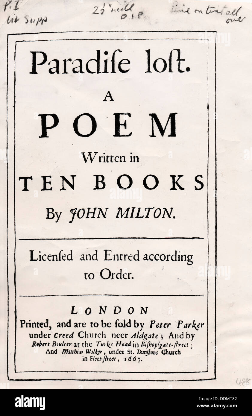 Coperchio della prima edizione di 'Paradiso perduto', da John Milton, 1661. Artista: John Milton Foto Stock