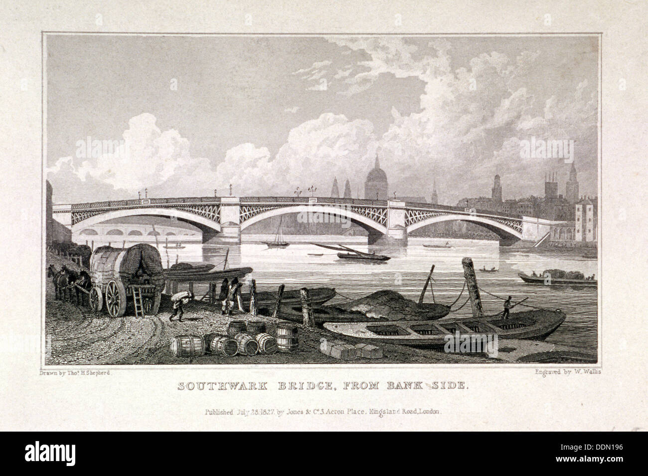 Southwark Bridge, Londra, 1827. Artista: W Wallis Foto Stock