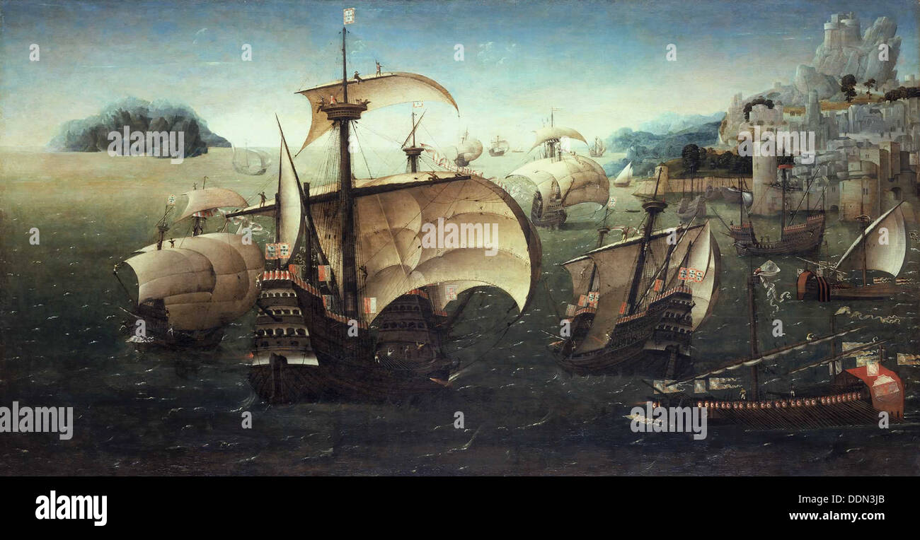 Il portoghese Carracks fuori da una costa rocciosa, c.1540. Artista: Patinir, Joachim, seguace di Foto Stock