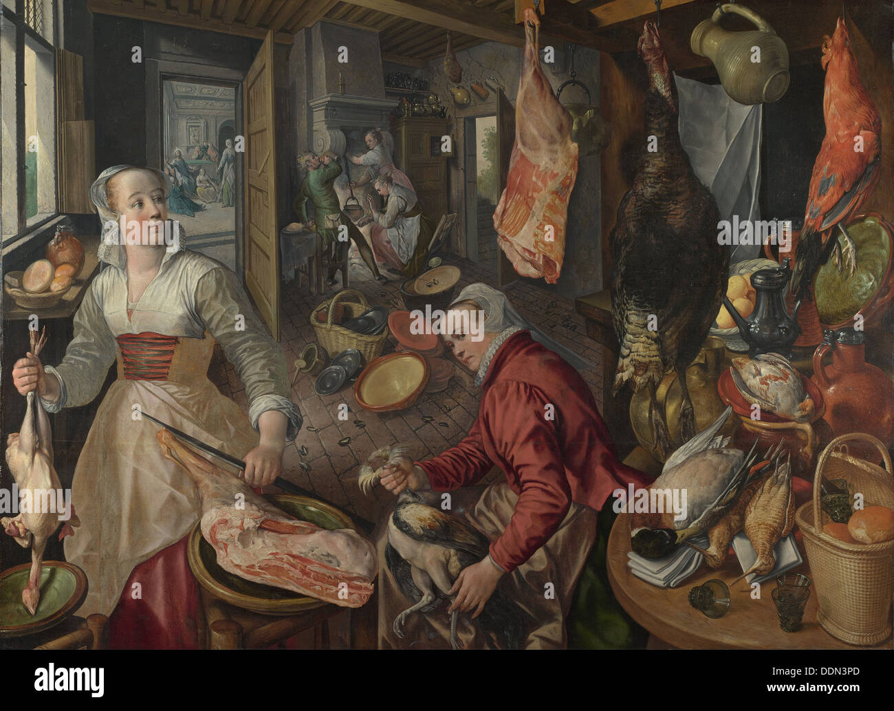 I quattro elementi: fuoco. Una scena di cucina con Cristo nella casa di Marta e Maria in background, 1569. Artista: Beuckelaer, Joachim (ca. 1533-15 Foto Stock