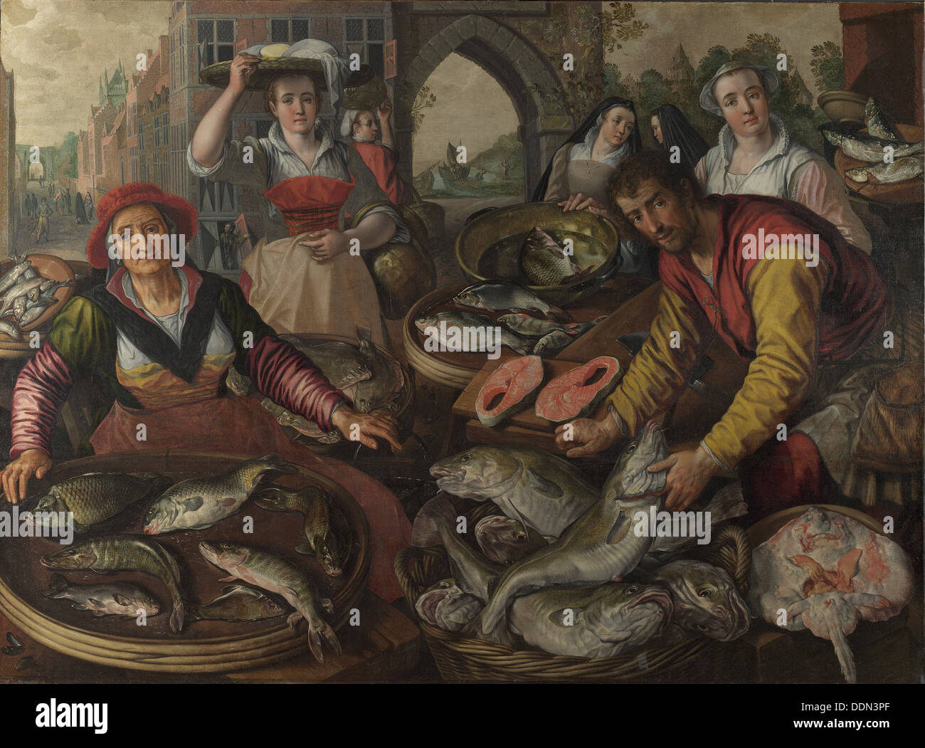 I quattro elementi: acqua. Un mercato del pesce con la pesca miracolosa in background, 1569. Artista: Beuckelaer, Joachim (ca. 1533-1574) Foto Stock