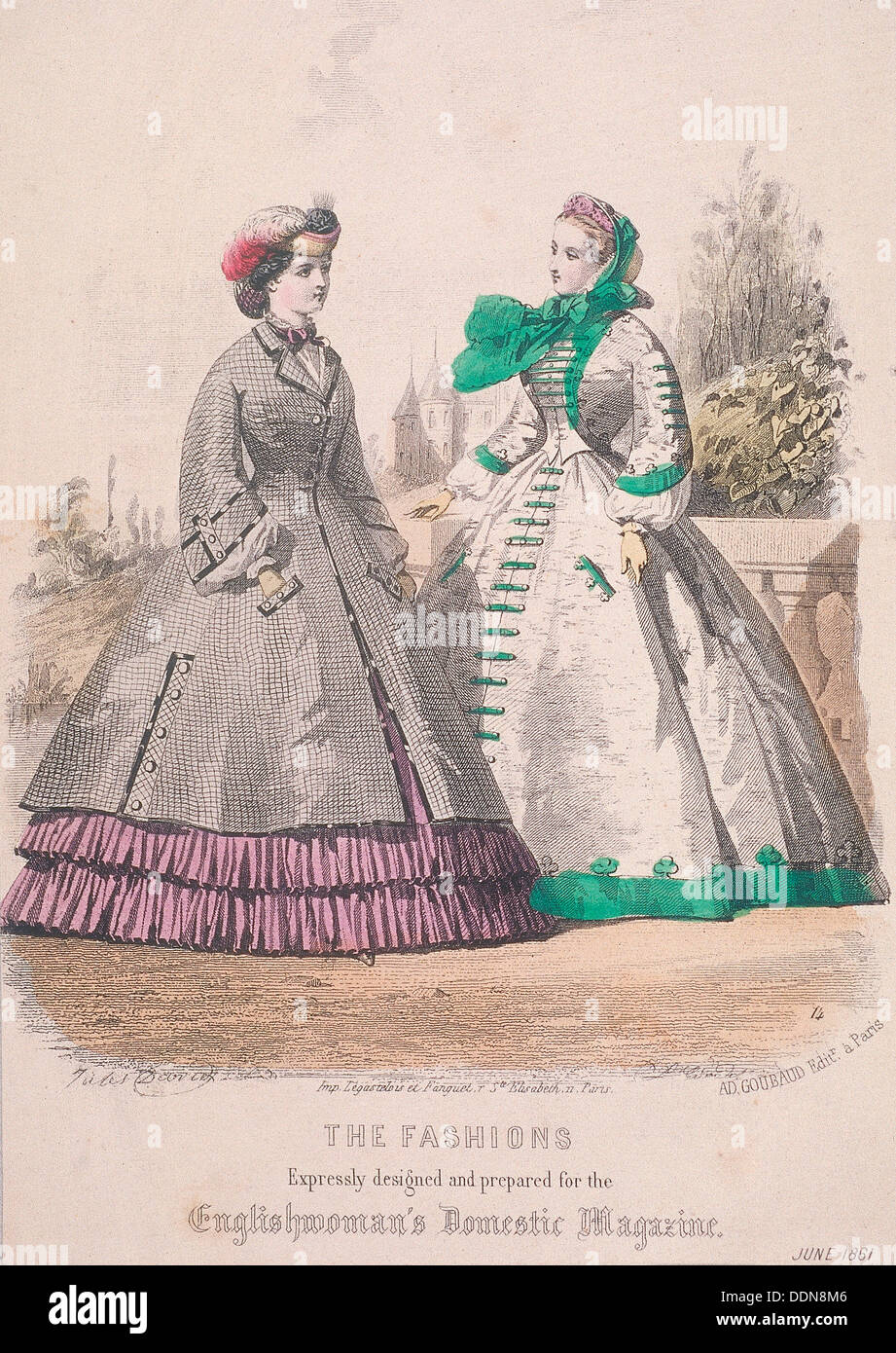 Due donne modello la moda, 1861. Artista: Anon Foto Stock