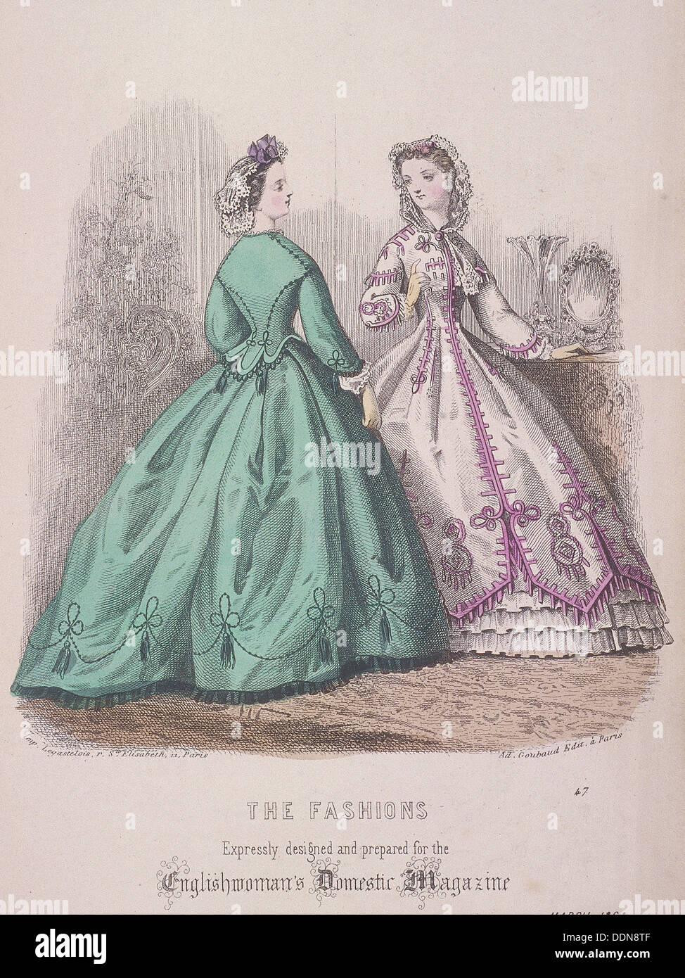 Due donne che indossano la moda, 1864. Artista: Anon Foto Stock