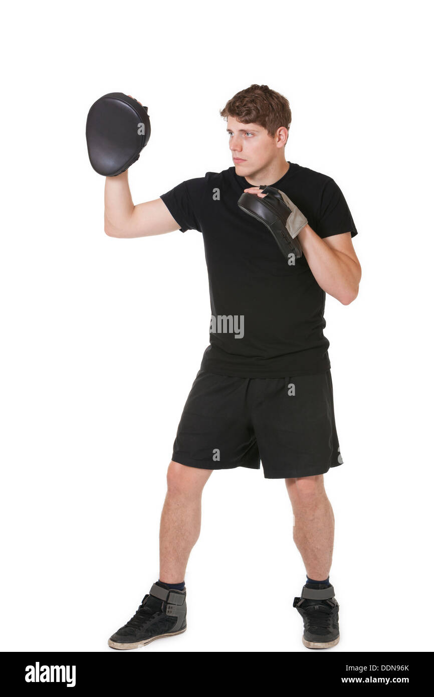 Boxing Trainer su sfondo bianco Foto Stock