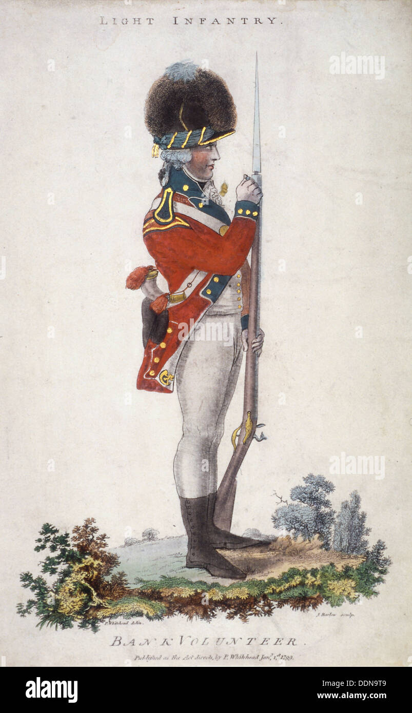 Membro della fanteria leggera in banca volontari, tenendo in mano un fucile con un accoppiamento a baionetta attaccata, 1799. Artista: John Barlow Foto Stock