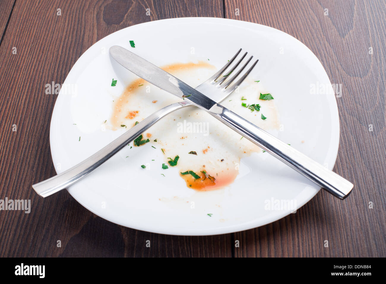 Piastra vuota a sinistra dopo la cena Foto Stock