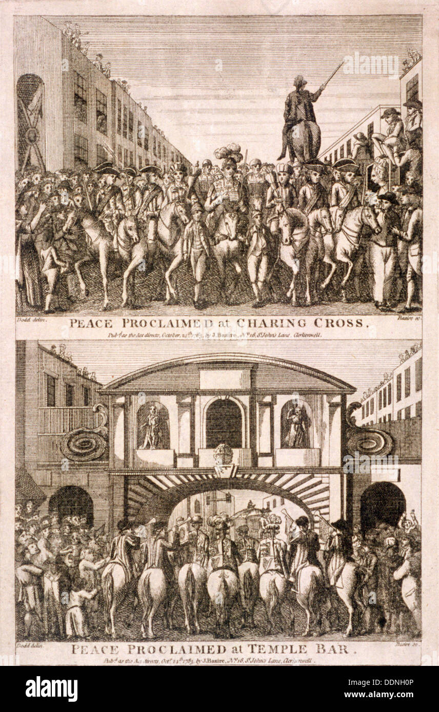 Annuncio di pace della guerra americana di Indepence, Londra, 1763. Artista: James Basire I Foto Stock