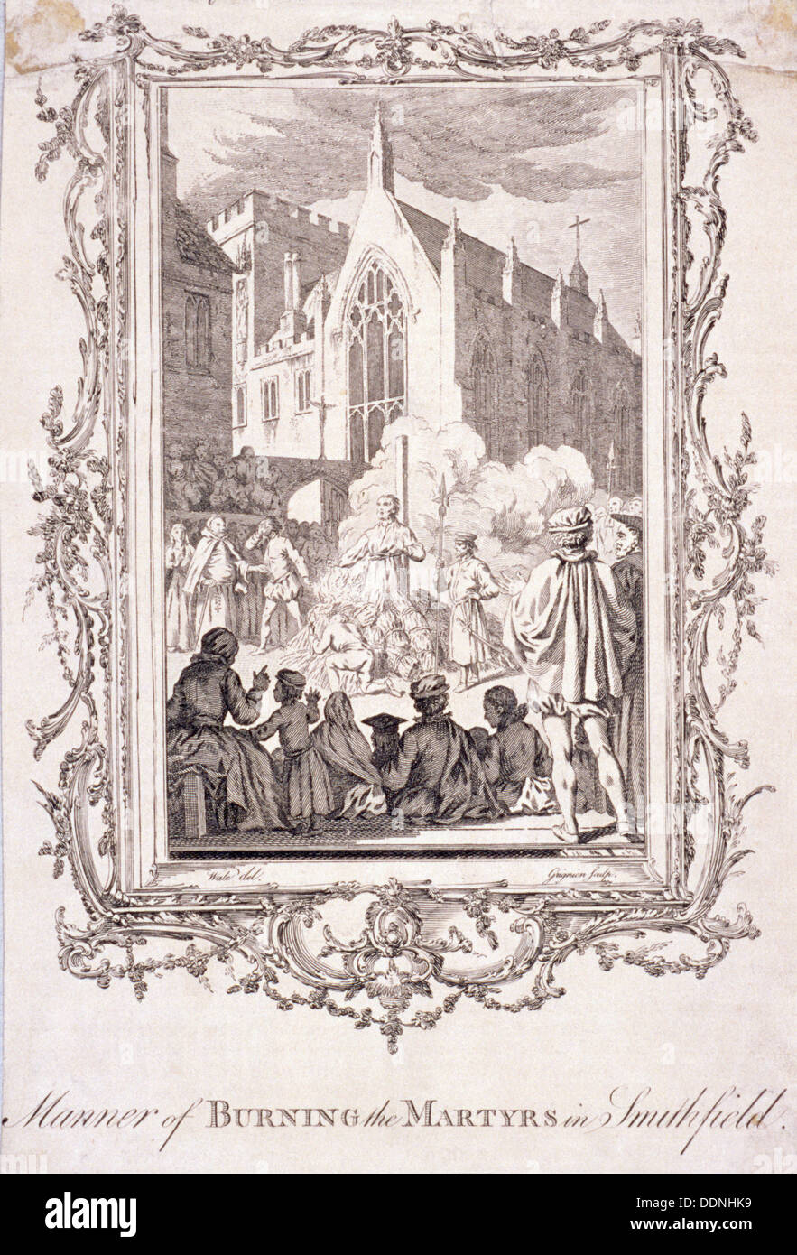 Scena di protestanti e bruciato a Smithfield, XVI secolo, (c1760). Artista: Charles Grignion Foto Stock