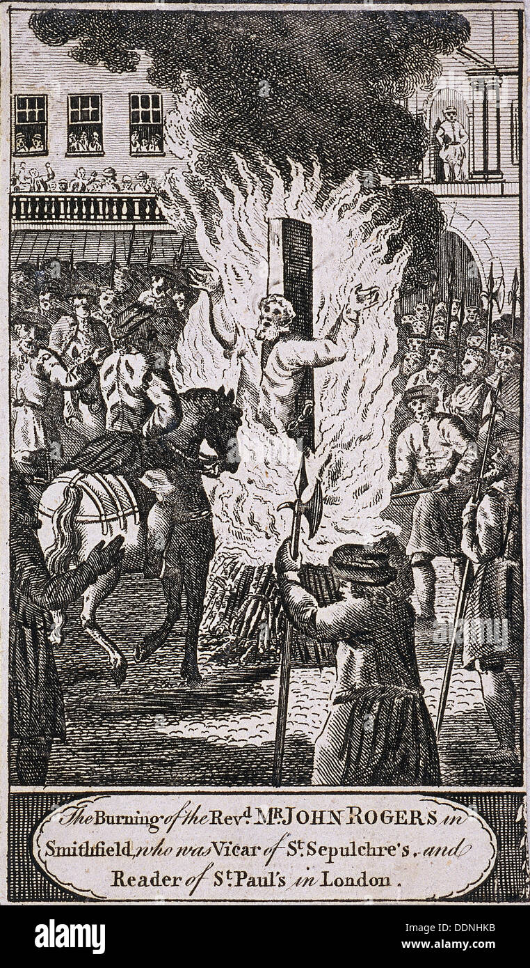 L'esecuzione del Reverendo John Rogers at Smithfield, 1555, (c1720). Artista: Anon Foto Stock