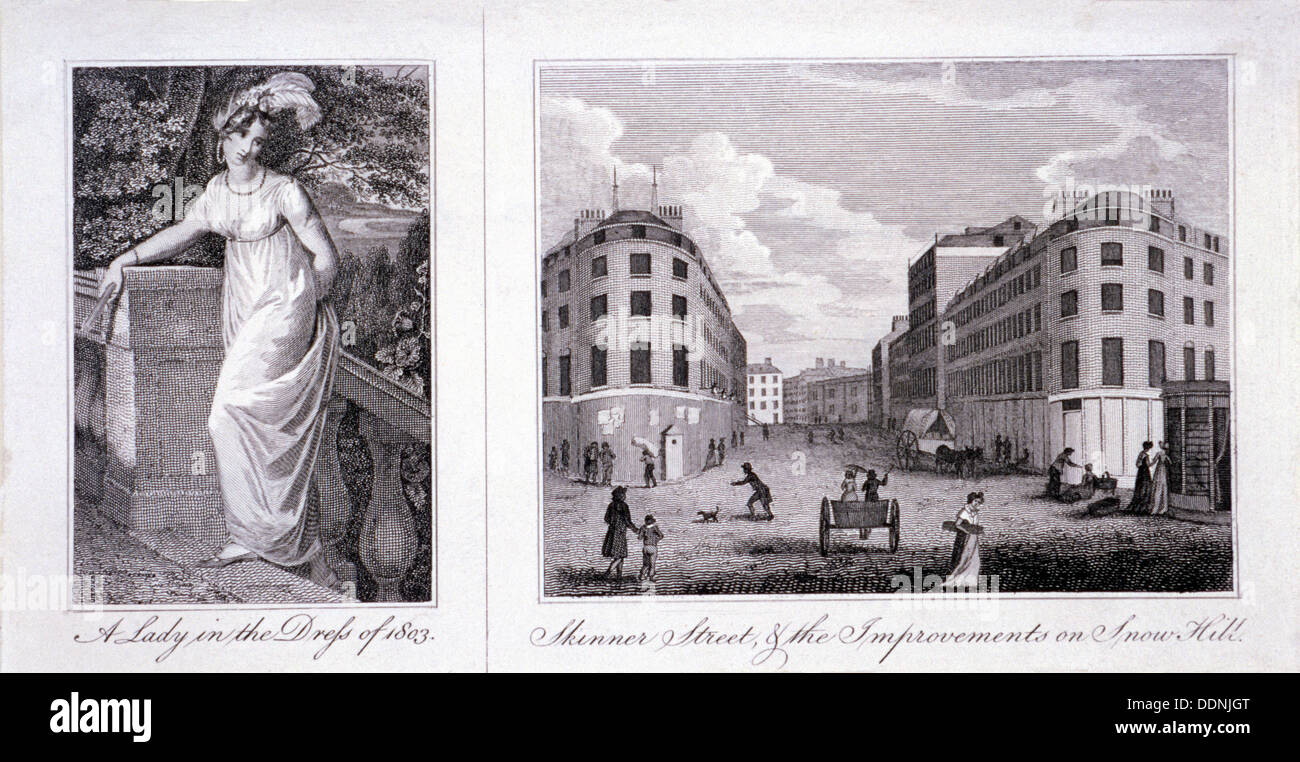 La donna in un vestito e London street scene, 1803. Artista: Anon Foto Stock