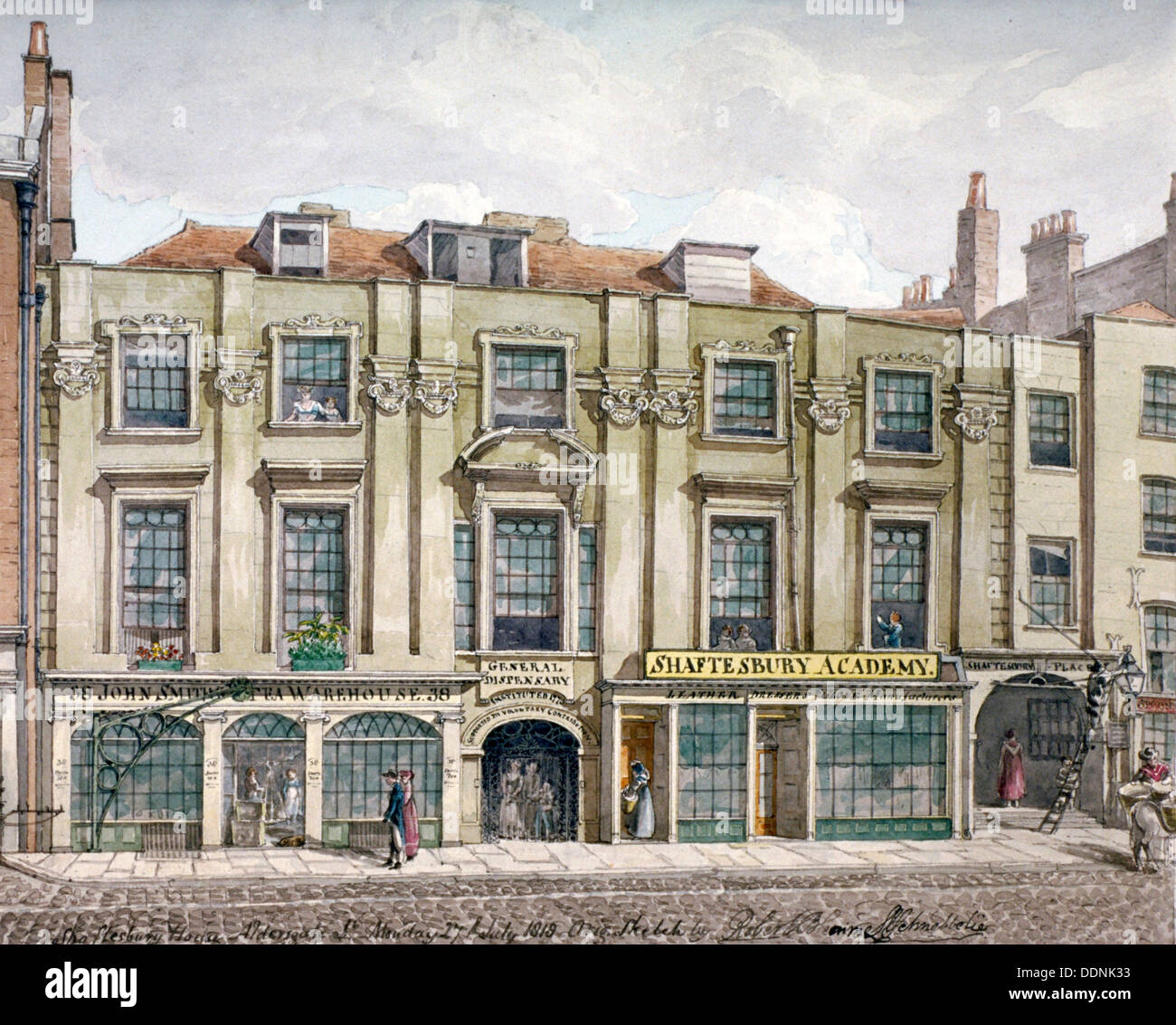 Shaftesbury House, Aldersgate Street, Londra, 1819. Artista: Robert Blemmell Schnebbelie Foto Stock