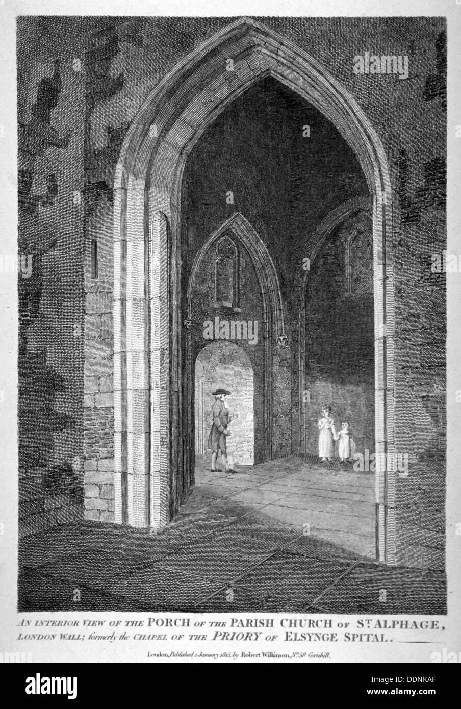 Vista interna del portico della chiesa di St Alfege, London Wall, Londra, 1815. Artista: William saggi Foto Stock