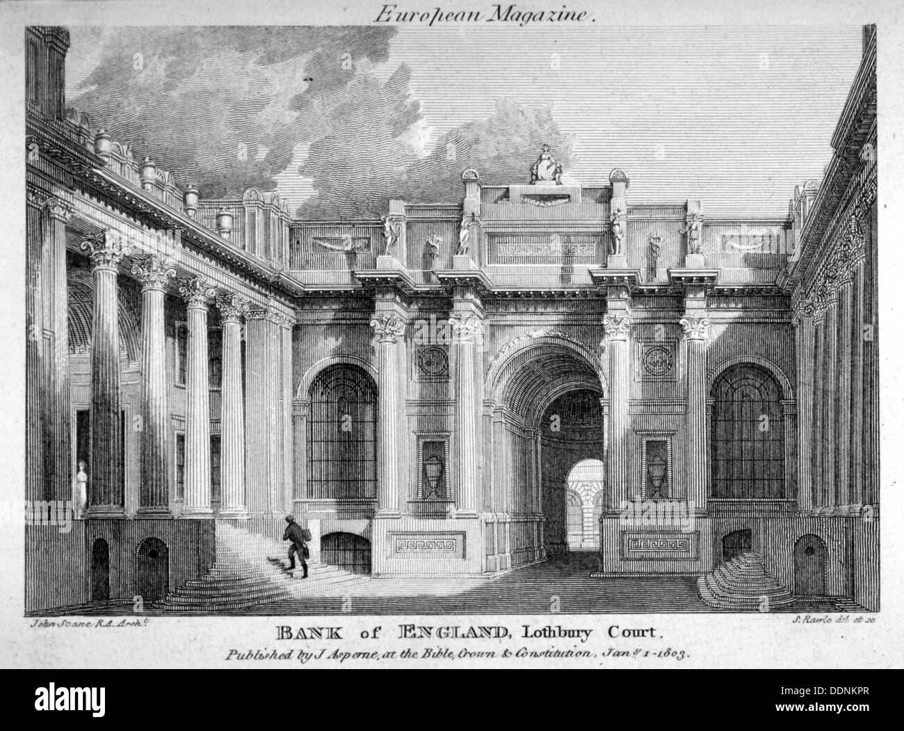 Vista della corte Lothbury, la Banca di Inghilterra. Città di Londra, 1803. Artista: Samuel Rawle Foto Stock