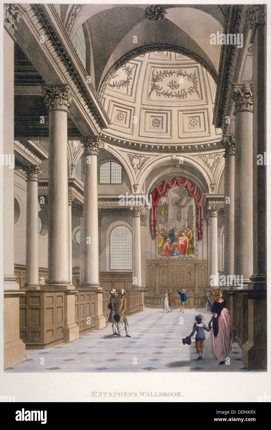 Interno della chiesa di St Stephen Walbrook, città di Londra, 1798. Artista: Thomas Malton II Foto Stock