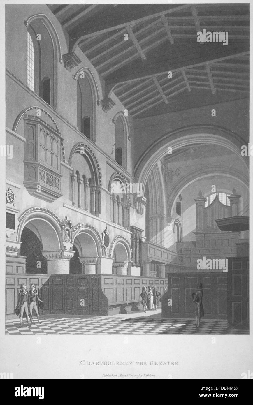 Vista interna della chiesa di San Bartolomeo-la-Grande, Smithfield, città di Londra, 1800. Artista: Anon Foto Stock